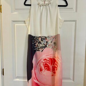 Ted Baker sleeveless midi sheath cocktail dress with dramatic floral skirt